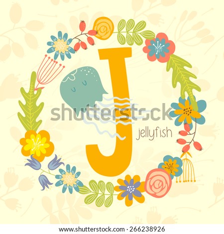 Cute Zoo alphabet, Jellyfish with letter J and floral wreath in vector. 