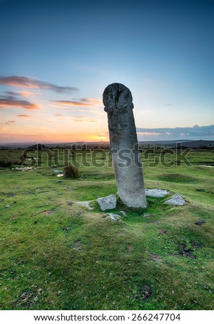An ancient granite cross known as Long Tom just outside of Minions on Bodmin Moor in Cornwall