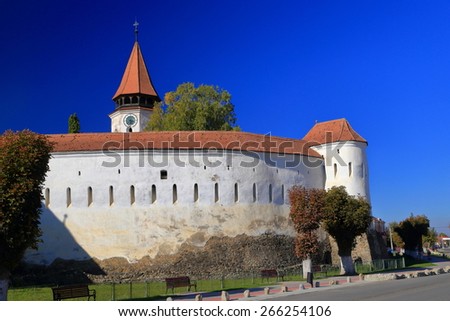 Medieval church complex surrounded by tall defensive walls in Prejmer, Transylvania, Romania