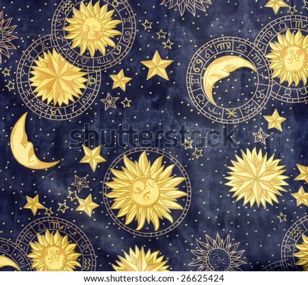 Fragment of colorful retro tapestry textile pattern with signs of zodiac useful as background