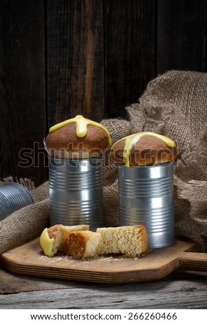 Old fashioned traditional Russian Easter cakes baked in tin cans