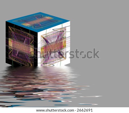 Abstract picture cube floating on water with grey background