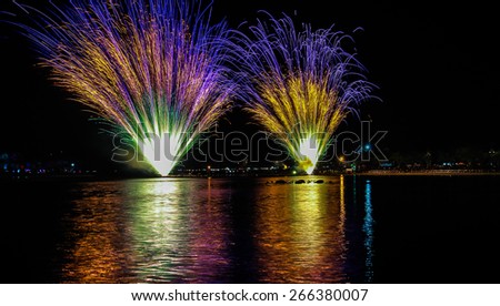 Splashes in colourful fireworks in the night sky.