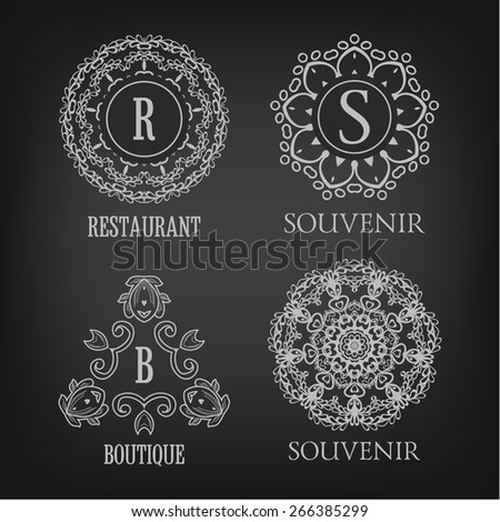 Set of luxury, simple and elegant monogram designs templates with copy-space for text on chalkboard background. . Good for labels. Vector illustration.