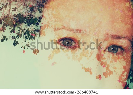 double exposure image of young girl and nature background

