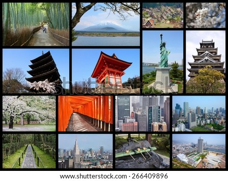 Japan travel photo collage. It includes major landmarks like Tokyo, Kyoto, Osaka, Hiroshima, Kobe, Mount Fuji and Hirosaki.