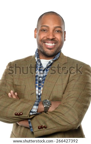 Portrait of African American businessman with arms crossed isolated over white background