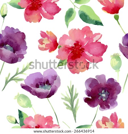 Watercolor flowers seamless pattern. Bright colors watercolor background.