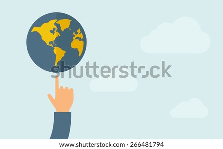 A hand pointing to globe icon. A contemporary style with pastel palette, light blue cloudy sky background. Vector flat design illustration. Horizontal layout with text space on right part.