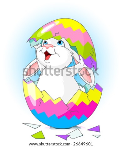 Easter bunny jumping out from broken egg
