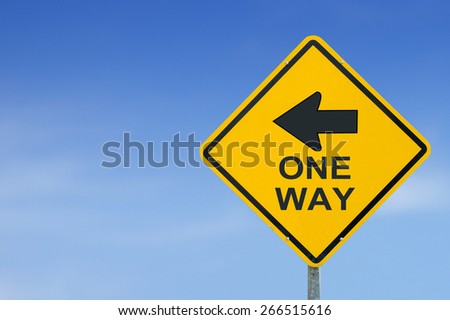 one way yellow road sign on sky background