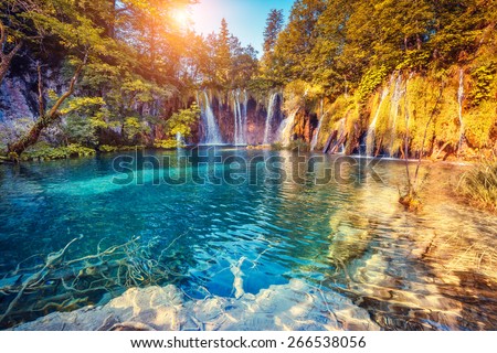 Majestic view on turquoise water and sunny beams in the Plitvice Lakes National Park. Croatia. Europe. Dramatic unusual scene. Beauty world. Retro filter and vintage style. Instagram toning effect. Royalty-Free Stock Photo #266538056