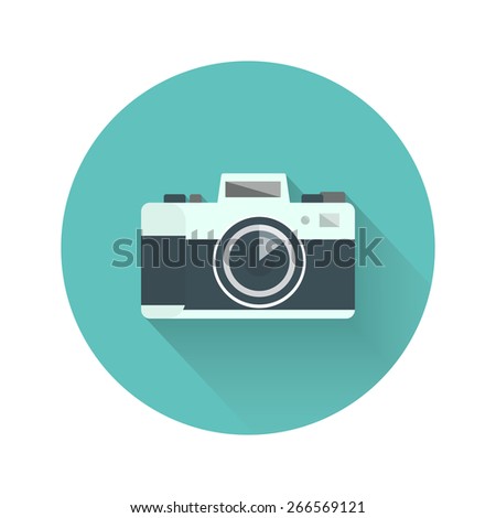 Retro camera with shadow round icon isolated on white