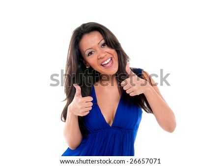 Portrait of young brunette gesturing OK thumbs up isolated white.