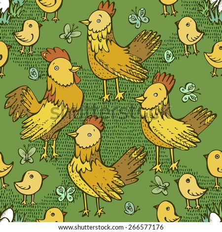 Cute cartoon chicken seamless pattern. Vector illustration with chickens chicks, flowers and butterflies.