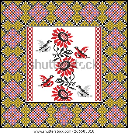 Vector art ethnic ornament with red and black elements of flowers and plants on white background