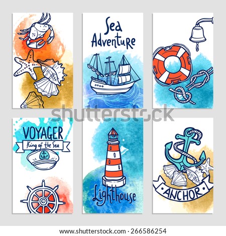 Nautical cards set with hand drawn sea adventure elements isolated vector illustration