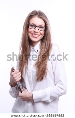 Young smiling woman in glasses with tablet computer PC isolated on white background 