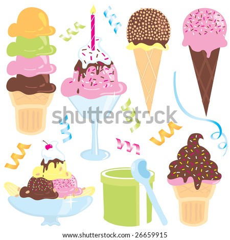 Ice Cream Party with ice cream cones, hot fudge sundae, banana split, candle and confetti