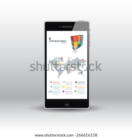 Smart phones with black touch screen isolated on info graphics background.