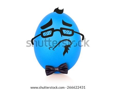 Blue intelligent te egg with emotional face with bow tie isolated