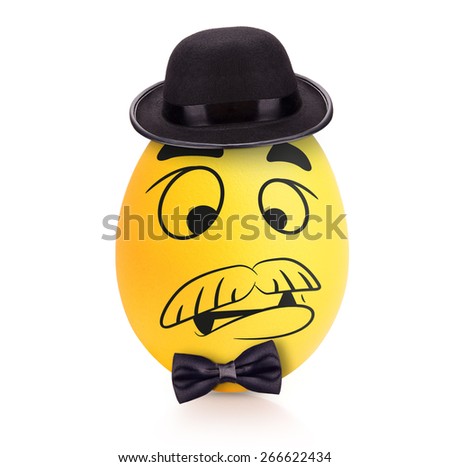 Yellow intelligent te egg with emotional face in hat with bow tie isolated