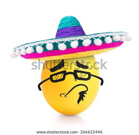 Yellow intelligent te egg with emotional face in sombrero isolated
