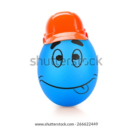 blue cute egg with emotional face in construction helmet isolated