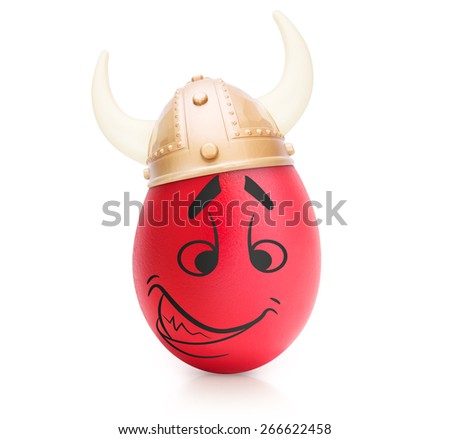 Red evil egg with emotional face in viking helmet isolated