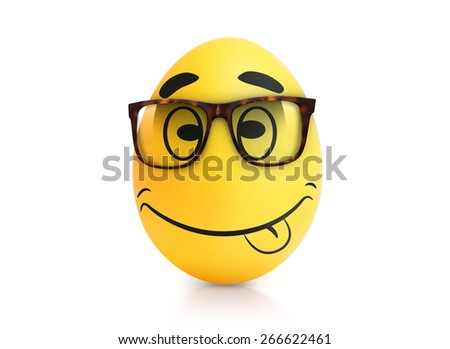 Yellow cute egg with emotional face in glasses isolated