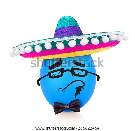 Blue intelligent te egg with emotional face in sombrero with bow tie isolated