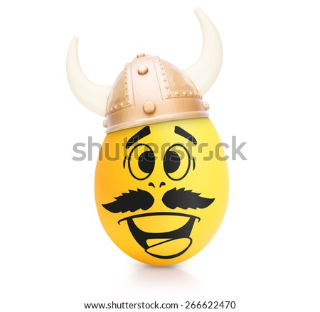 Yellow cute egg with emotional face in viking helmet isolated