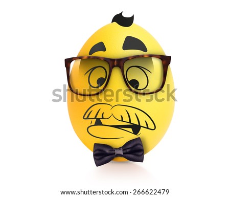 Yellow intelligent te egg with emotional face in glasses with bow tie isolated