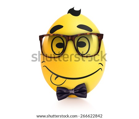 Yellow cute egg with emotional face in glasses with bow tie isolated