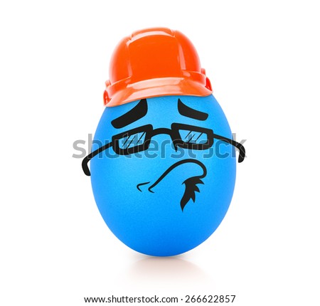 Blue intelligent te egg with emotional face in construction helmet isolated