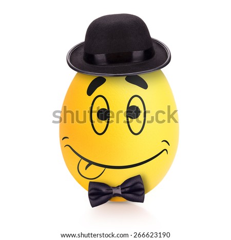 Yellow cute egg with emotional face in hat with bow tie isolated