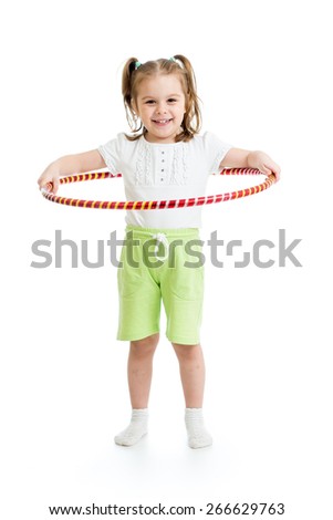 kid girl doing gymnastic with hoop on white background