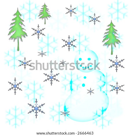 snowman and snowflakes on winter slopes illustration