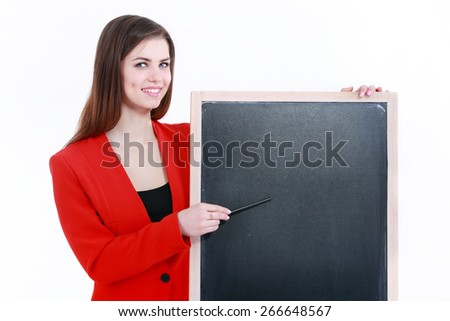 Smiling woman standing with billboard