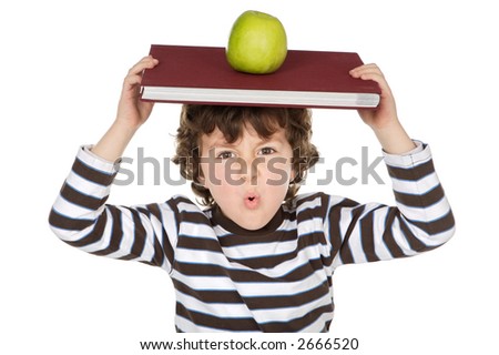 Adorable child studying  with books and apple in the head a over white background