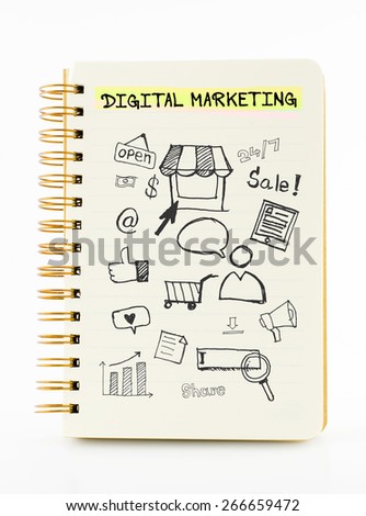 Notebook on desk with icon relate with Digital Marketing, Business concept.