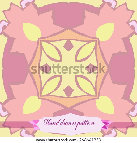Circular seamless pattern of floral motif, stylized flowers, label. Hand drawn.
