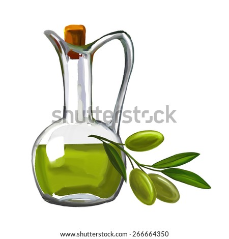 olive oil with olives vector illustration  hand drawn  painted watercolor 