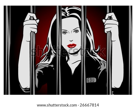 vector illustration of a female convict behind bars....... bars are contained in clipping mask