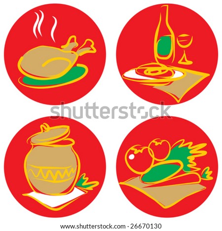 Icons with foods and drinks. Vector illustration.