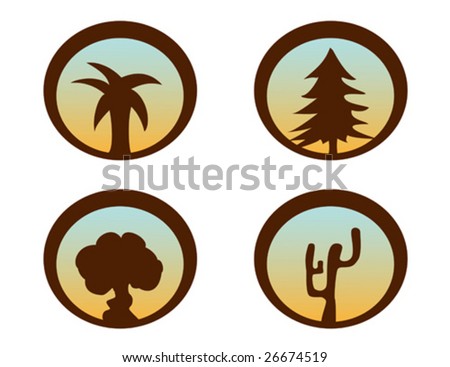 circle brown icons with silhouette of a palm, a pine, an oak and  a cactus