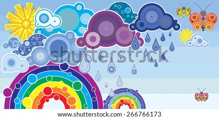 Vector Stylized Sky with Sun, Rainbows, Clouds, Rain and Butterflies.