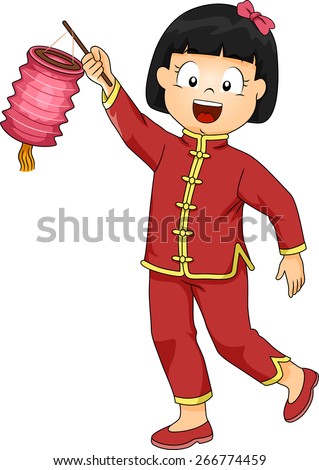 Illustration of a Little Girl Dressed in a Chinese Costume Carrying a Paper Lantern
