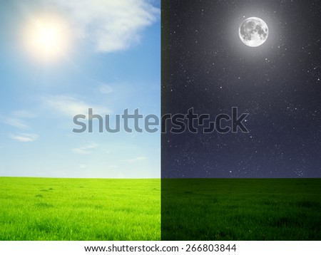  Green field in day and night. Elements of this image furnished by NASA