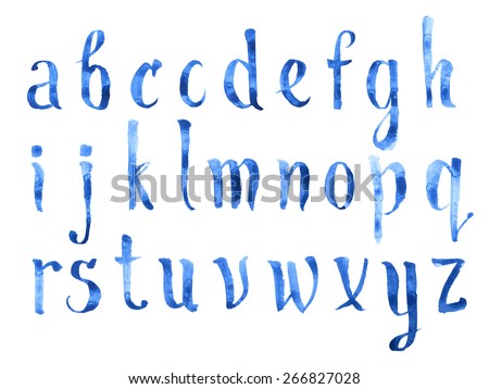 Hand drawn watercolour aquarelle Painted doodle letters handwritten with a brush blue watercolor alphabet abc font type.